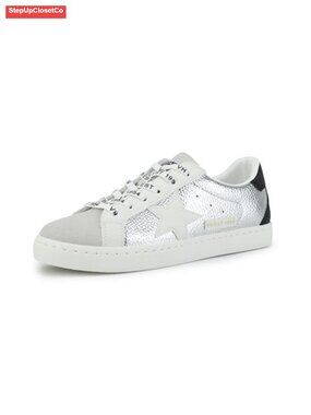 Metallic Silver Lace Up Low Top Fashion Sneakers Cushioned Star Accent